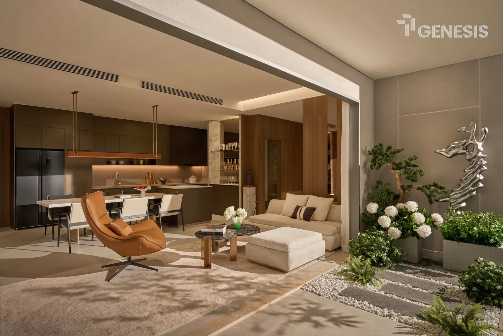 Không gian phòng khách & bếp mở — nhà mẫu TT Genesis