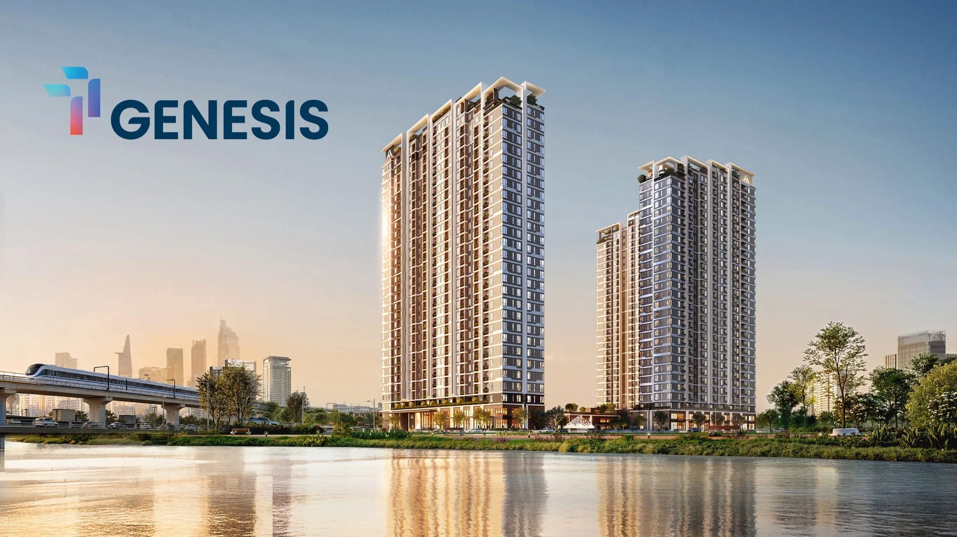 Phối cảnh tổng thể dự án căn hộ TT Genesis Nguyễn Hữu Thọ Nhà Bè nhìn từ sông