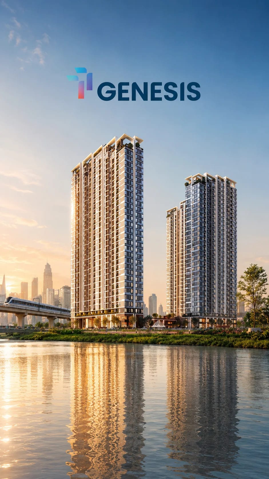 Phối cảnh tổng thể dự án căn hộ TT Genesis Nguyễn Hữu Thọ Nhà Bè nhìn từ sông