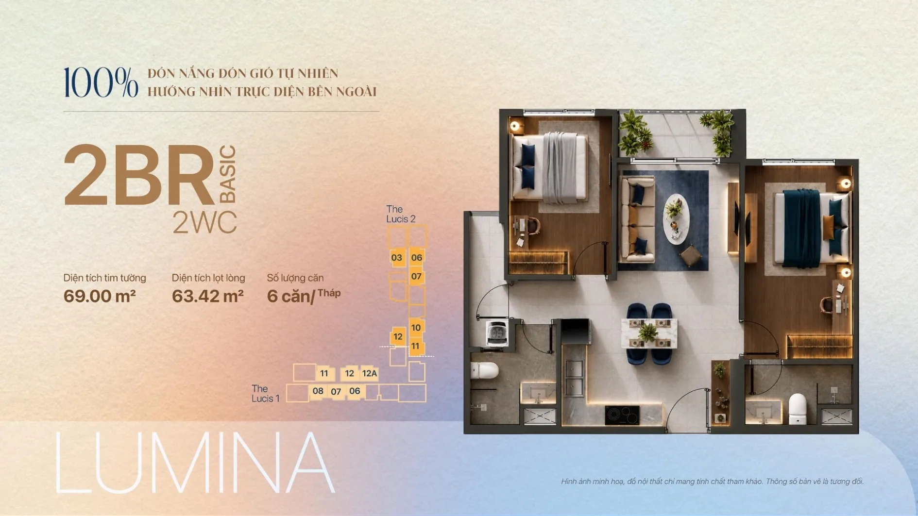 Layout căn hộ 2 phòng ngủ 2WC tháp LUCIS dự án TT Genesis Nhà Bè