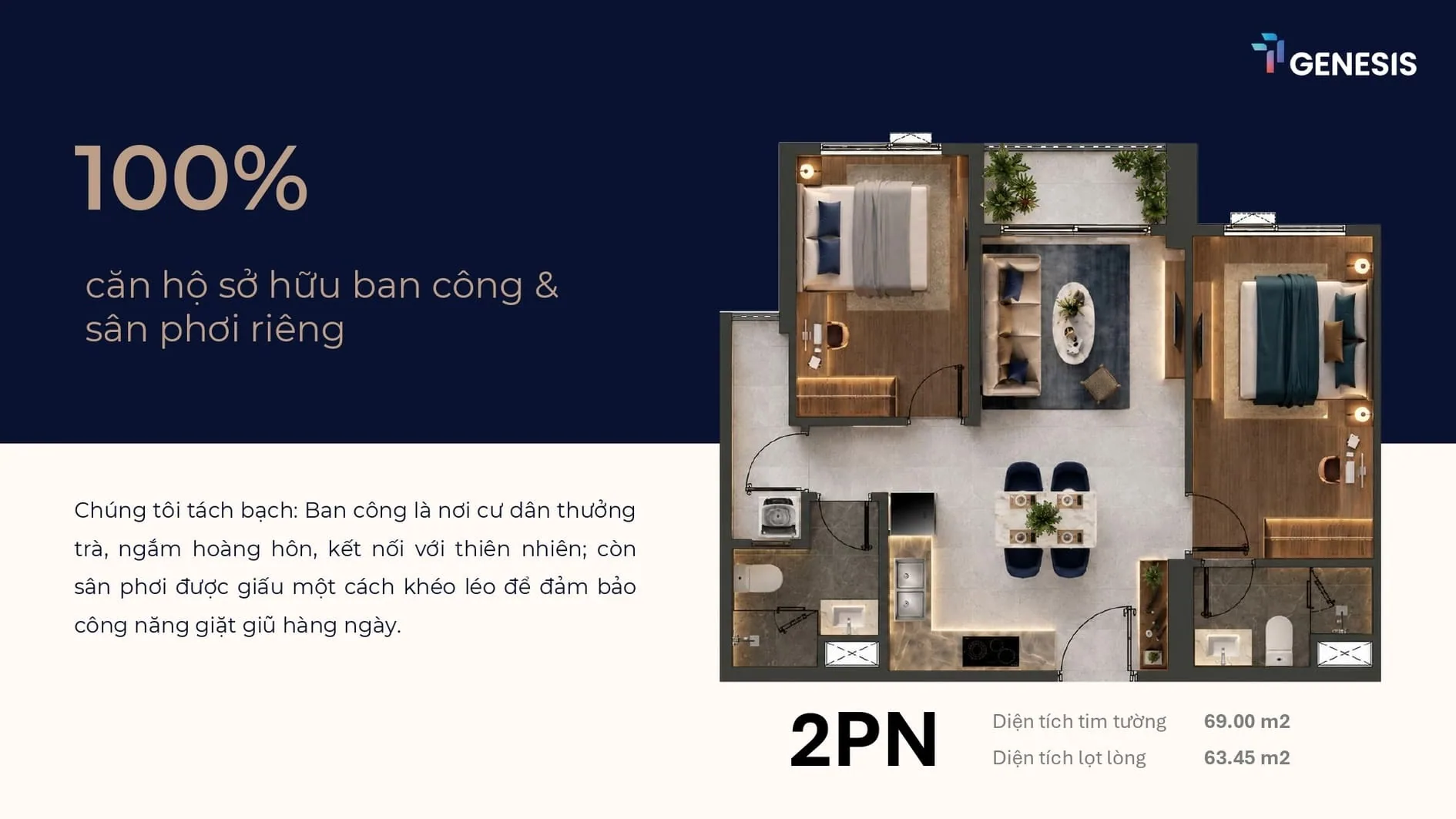Bản vẽ tổng quan căn hộ 2 phòng ngủ dự án TT Genesis